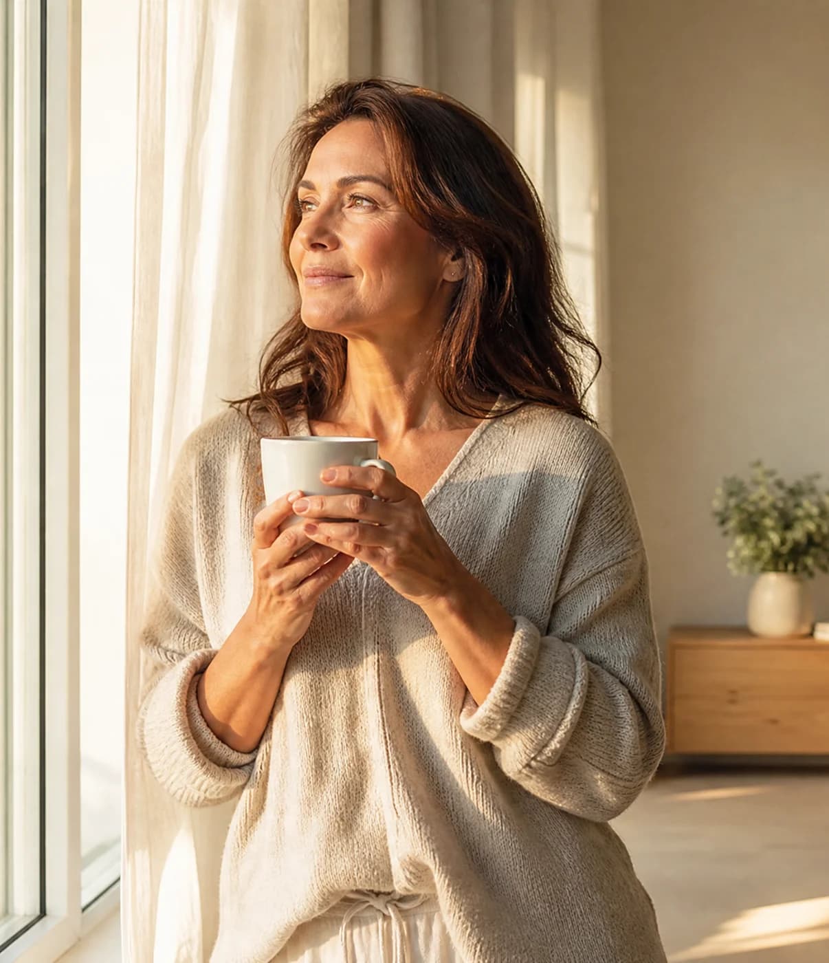 An adult waking calmly in soft morning light